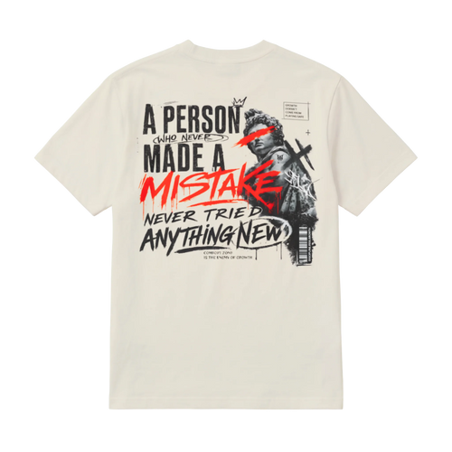 Mistakes, a cream unisex oversized heavyweight tee with a classical statue and brush-lettered back graphic