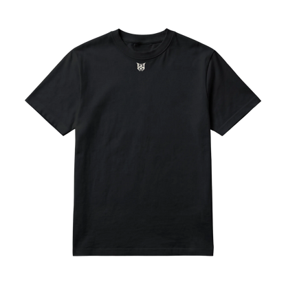 Origin Tee - Noir, un t-shirt unisexe oversize épais noir avec l'emblème Hype Heaven au dos et un logo à l'encolure
